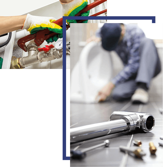 Collage of plumber with white gloves fixing pipe